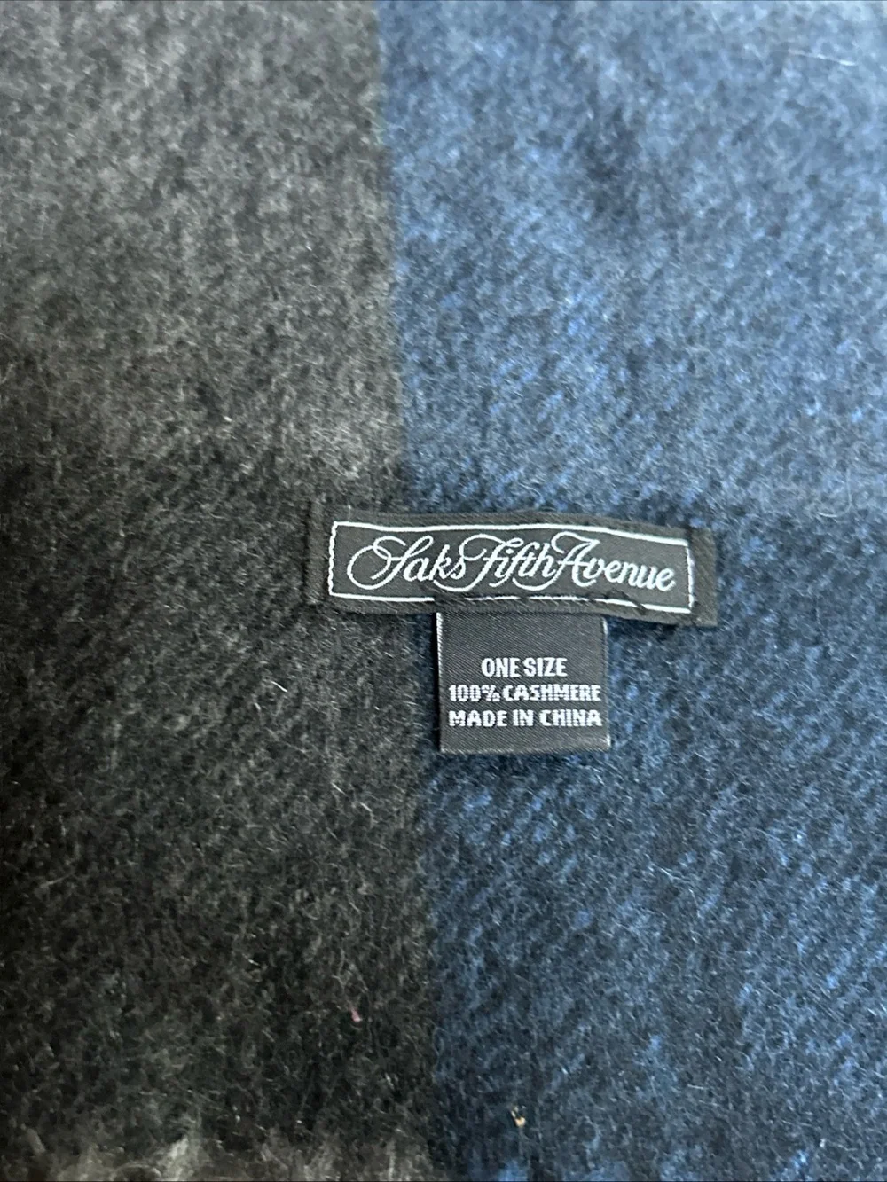 Saks Fifth Ave 100% Cashmere Scarf Plaid Fringe Classic Unisex 74x13 “Blue Black